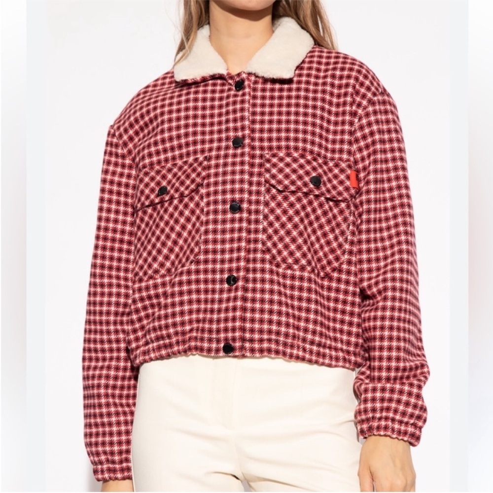 LOVE MOSCHINO Women's Plaid Faux Fur Trim Designer Jacket Snap Front Size 4